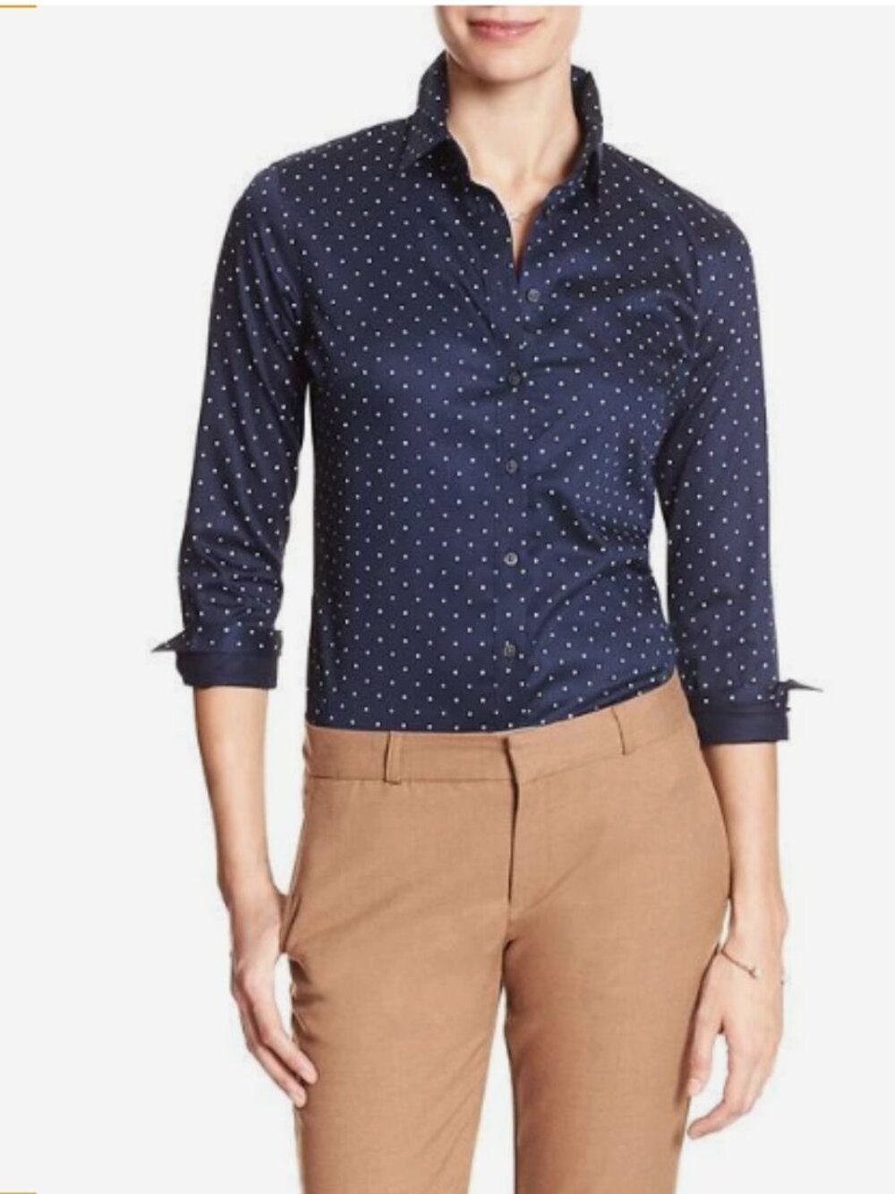 Banana Republic Polka Dot Button Down Shirt Women's 0Pet Tailored Fit White Navy